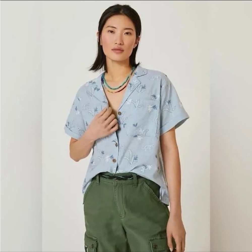 ANTHROPOLOGIE Maeve Surf Blue Button Front Shirt Embroidered Linen Cotton Small